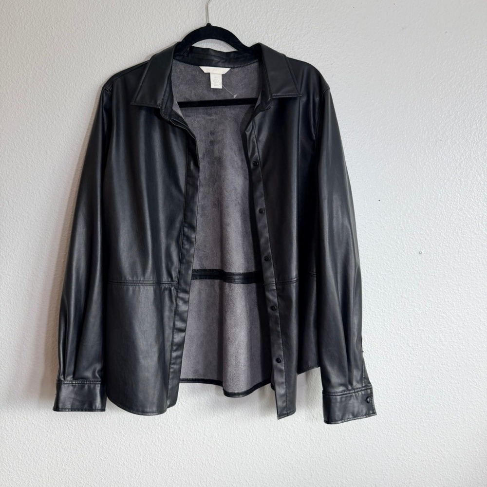 H&M Black Faux Leather Shirt Jacket Shacket Womens Large 0939586 Button Down